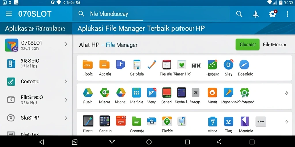 Antarmuka sederhana aplikasi File Manager 070SLOT untuk mengelola file.