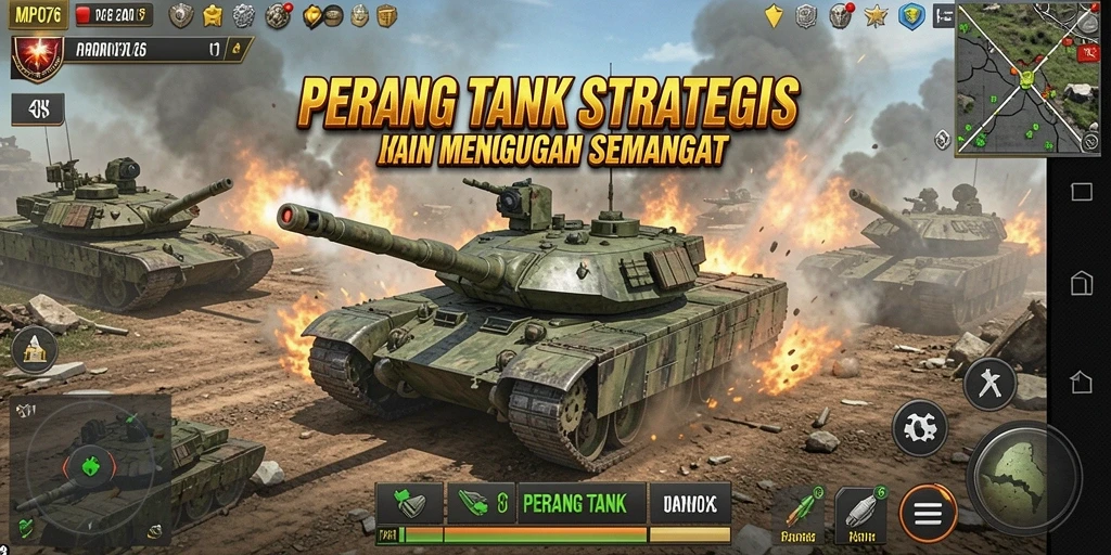 Antarmuka permainan Perang Tank MPO76 yang dinamis dan interaktif.